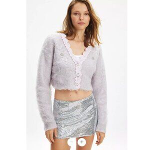 UO Kimchi Blue Madeline Embellished Cropped Cardigan Size M Lavender Rhinestone